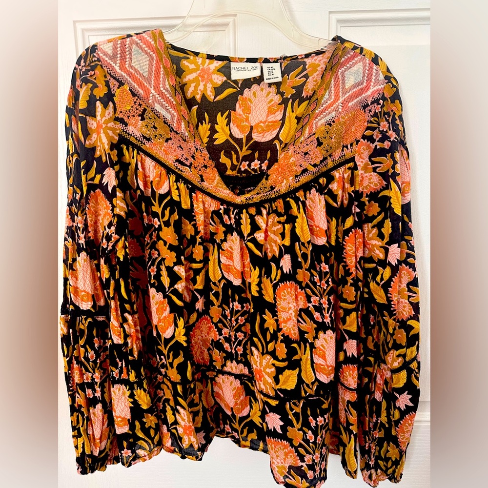 Rachel Zoe Women's Floral Black and Orange Top, with embroidered Neckline, M